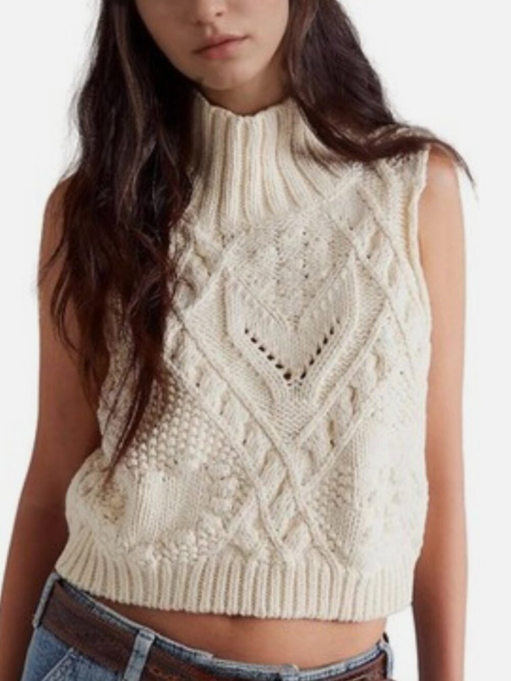 Free People Sasha Sweater Vest Cable Knit Turtleneck Sleeveless Cream Size: S